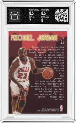 Michael Jordan from the 1995-96 Fleer Ultra set graded by Arena Club and given an overall grade of 7.5.