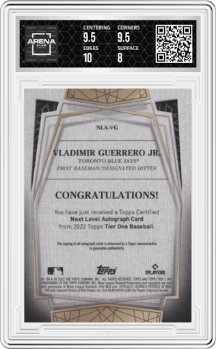 Vladimir Guerrero Jr. from the 2022 Topps Tier One set featuring a Silver parallel graded by Arena Club and given an overall grade of 8.5.
