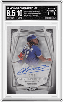 Vladimir Guerrero Jr. from the 2022 Topps Tier One set featuring a Silver parallel graded by Arena Club and given an overall grade of 8.5.