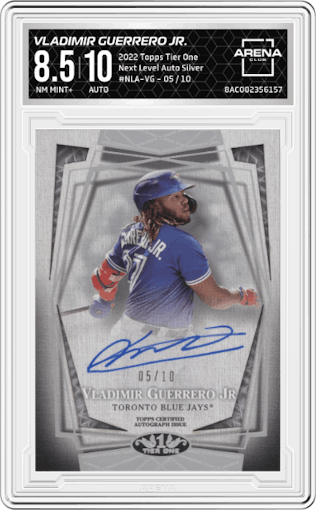 Vladimir Guerrero Jr. from the 2022 Topps Tier One set featuring a Silver parallel graded by Arena Club and given an overall grade of 8.5.