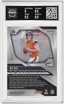 Bo Nix from the 2024 Panini Prizm set featuring a Pink Prizm parallel graded by Arena Club and given an overall grade of 9.5.