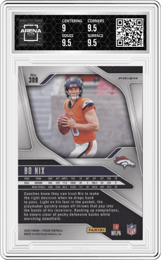 Bo Nix from the 2024 Panini Prizm set featuring a Pink Prizm parallel graded by Arena Club and given an overall grade of 9.5.