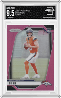 Bo Nix from the 2024 Panini Prizm set featuring a Pink Prizm parallel graded by Arena Club and given an overall grade of 9.5.