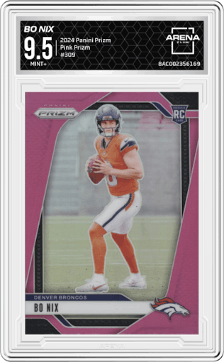Bo Nix from the 2024 Panini Prizm set featuring a Pink Prizm parallel graded by Arena Club and given an overall grade of 9.5.