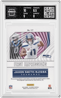 Jaxon Smith-Njigba from the 2023 Panini Illusions set featuring a Red parallel graded by Arena Club and given an overall grade of 8.5.
