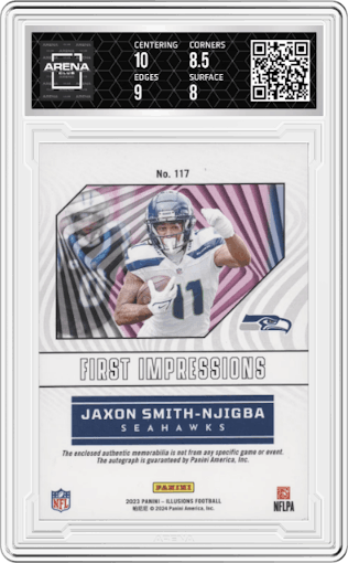 Jaxon Smith-Njigba from the 2023 Panini Illusions set featuring a Red parallel graded by Arena Club and given an overall grade of 8.5.