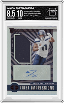 Jaxon Smith-Njigba from the 2023 Panini Illusions set featuring a Red parallel graded by Arena Club and given an overall grade of 8.5.