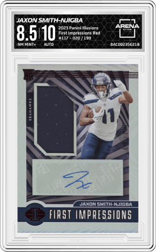 Jaxon Smith-Njigba from the 2023 Panini Illusions set featuring a Red parallel graded by Arena Club and given an overall grade of 8.5.