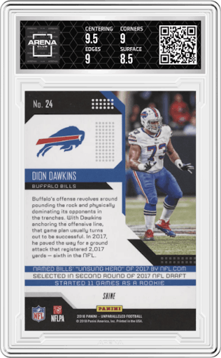 Dion Dawkins from the 2018 Panini Unparalleled set featuring a Shine parallel graded by Arena Club and given an overall grade of 9.