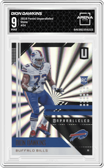 Dion Dawkins from the 2018 Panini Unparalleled set featuring a Shine parallel graded by Arena Club and given an overall grade of 9.