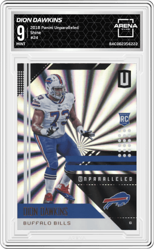Dion Dawkins from the 2018 Panini Unparalleled set featuring a Shine parallel graded by Arena Club and given an overall grade of 9.