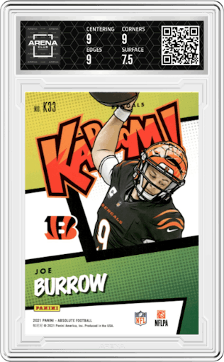 Joe Burrow from the 2021 Panini Absolute set graded by Arena Club and given an overall grade of 8.