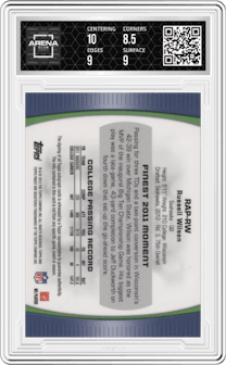 Russell Wilson from the 2012 Topps Finest set featuring a Refractor parallel graded by Arena Club and given an overall grade of 9.