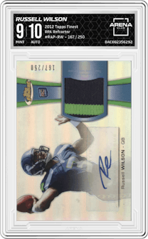 Russell Wilson from the 2012 Topps Finest set featuring a Refractor parallel graded by Arena Club and given an overall grade of 9.