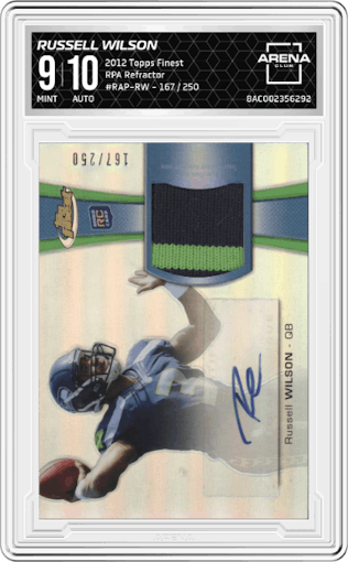 Russell Wilson from the 2012 Topps Finest set featuring a Refractor parallel graded by Arena Club and given an overall grade of 9.