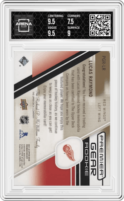 Lucas Raymond from the 2021-22 Upper Deck Premier set featuring a Patch parallel and given an overall grade of 8.