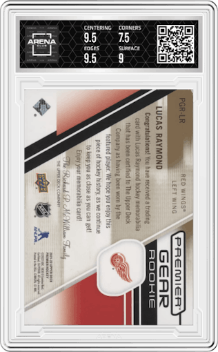 Lucas Raymond from the 2021-22 Upper Deck Premier set featuring a Patch parallel graded by Arena Club and given an overall grade of 8.