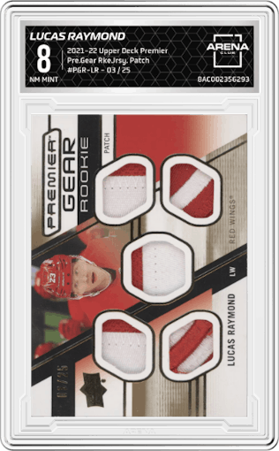 Lucas Raymond from the 2021-22 Upper Deck Premier set featuring a Patch parallel graded by Arena Club and given an overall grade of 8.