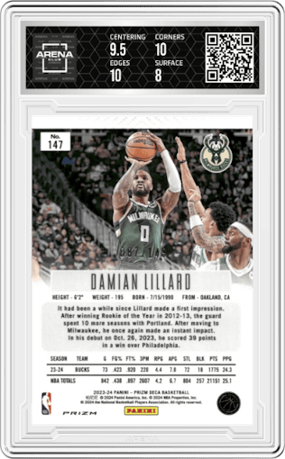 Damian Lillard from the 2023-24 Panini Prizm Deca set featuring a Blue Prizm parallel graded by Arena Club and given an overall grade of 8.5.