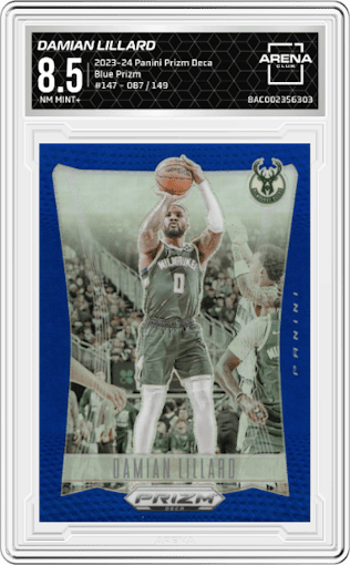 Damian Lillard from the 2023-24 Panini Prizm Deca set featuring a Blue Prizm parallel graded by Arena Club and given an overall grade of 8.5.