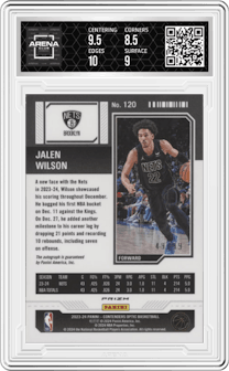 Jalen Wilson from the 2023-24 Panini Contenders Optic set featuring a Red parallel graded by Arena Club and given an overall grade of 9.