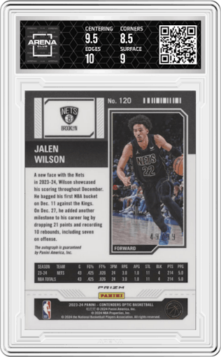 Jalen Wilson from the 2023-24 Panini Contenders Optic set featuring a Red parallel graded by Arena Club and given an overall grade of 9.