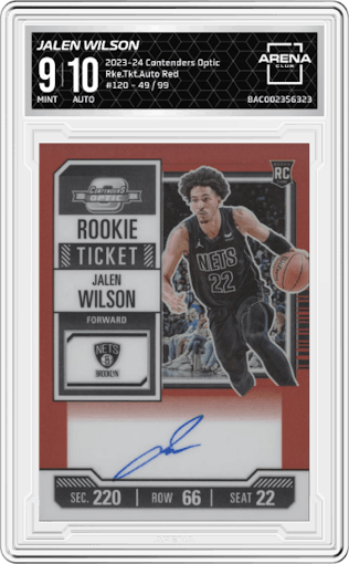 Jalen Wilson from the 2023-24 Panini Contenders Optic set featuring a Red parallel graded by Arena Club and given an overall grade of 9.