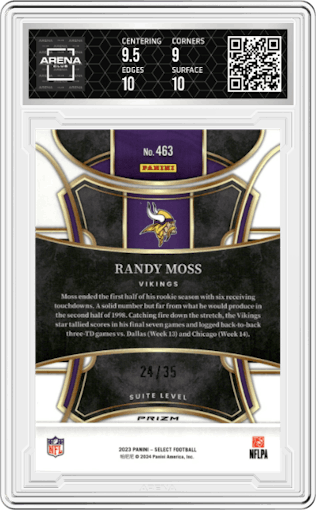 Randy Moss from the 2023 Panini Select set featuring a White Prizm parallel graded by Arena Club and given an overall grade of 9.5.