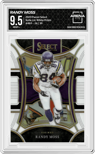 Randy Moss from the 2023 Panini Select set featuring a White Prizm parallel graded by Arena Club and given an overall grade of 9.5.