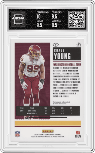 Chase Young from the 2020 Panini Contenders set featuring a Playoff Ticket parallel graded by Arena Club and given an overall grade of 9.