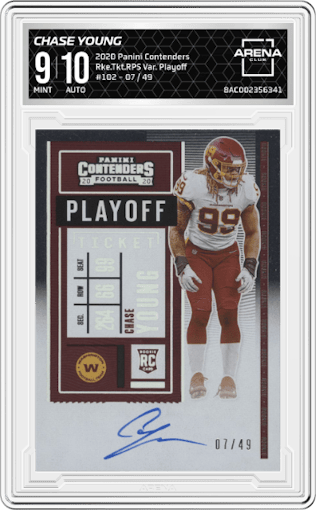 Chase Young from the 2020 Panini Contenders set featuring a Playoff Ticket parallel graded by Arena Club and given an overall grade of 9.
