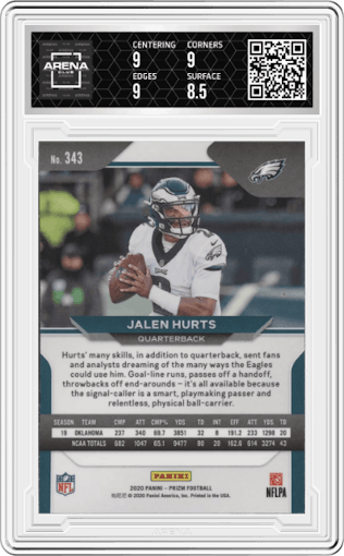 Jalen Hurts from the 2020 Panini Prizm set graded by Arena Club and given an overall grade of 9.
