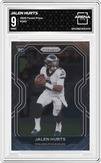 Jalen Hurts from the 2020 Panini Prizm set graded by Arena Club and given an overall grade of 9.