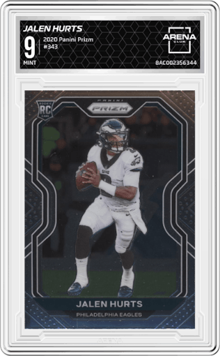 Jalen Hurts from the 2020 Panini Prizm set graded by Arena Club and given an overall grade of 9.