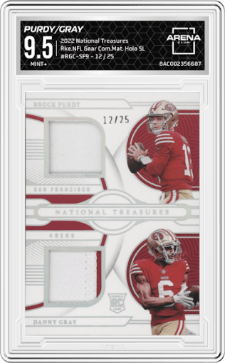 Brock Purdy/Danny Gray from the 2022 Panini National Treasures set featuring a Holo Silver parallel graded by Arena Club and given an overall grade of 9.5.