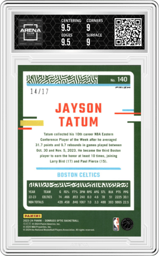 Jayson Tatum from the 2023-24 Donruss Optic set featuring a Purple Stars parallel graded by Arena Club and given an overall grade of 9.5.