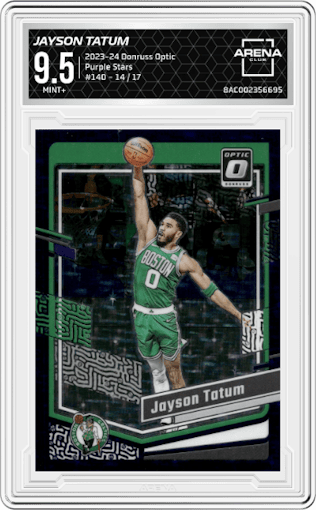 Jayson Tatum from the 2023-24 Donruss Optic set featuring a Purple Stars parallel graded by Arena Club and given an overall grade of 9.5.