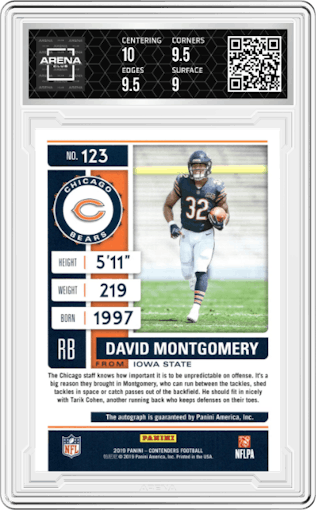 David Montgomery from the 2019 Panini Contenders set graded by Arena Club and given an overall grade of 9.5.