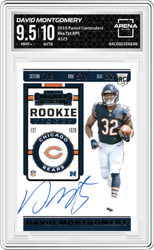 David Montgomery from the 2019 Panini Contenders set graded by Arena Club and given an overall grade of 9.5.