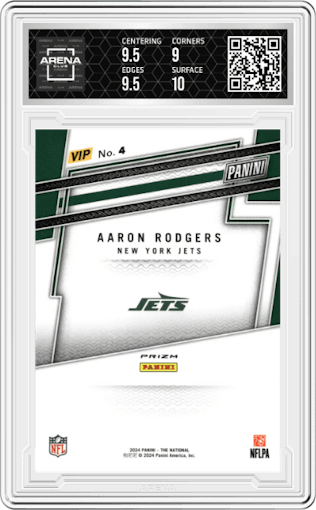 Aaron Rodgers from the 2024 Panini The National VIP set featuring a Tiger Stripes parallel graded by Arena Club and given an overall grade of 9.5.