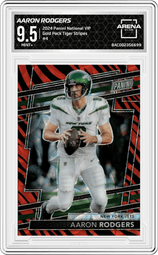 Aaron Rodgers from the 2024 Panini The National VIP set featuring a Tiger Stripes parallel graded by Arena Club and given an overall grade of 9.5.