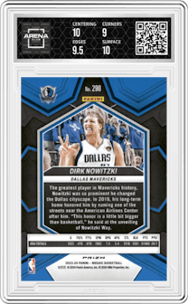 Dirk Nowitzki  from the 2023-24 Panini Mosaic set featuring a White Sparkle parallel graded by Arena Club and given an overall grade of 9.5.