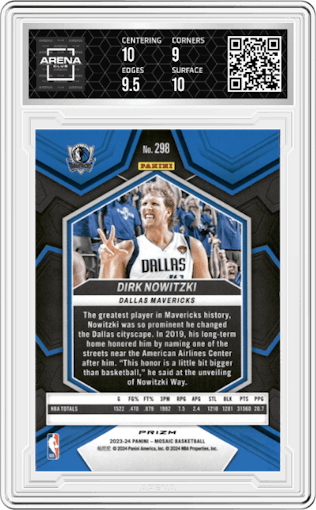 Dirk Nowitzki  from the 2023-24 Panini Mosaic set featuring a White Sparkle parallel graded by Arena Club and given an overall grade of 9.5.