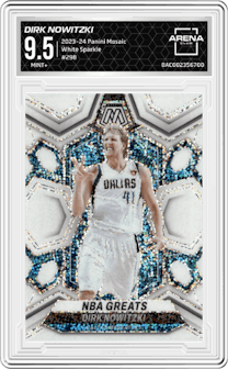 Dirk Nowitzki  from the 2023-24 Panini Mosaic set featuring a White Sparkle parallel graded by Arena Club and given an overall grade of 9.5.
