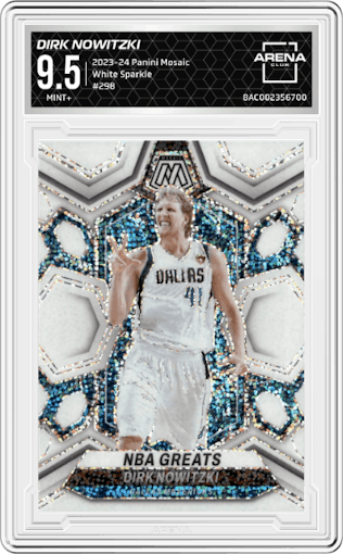 Dirk Nowitzki  from the 2023-24 Panini Mosaic set featuring a White Sparkle parallel graded by Arena Club and given an overall grade of 9.5.