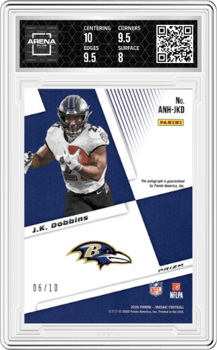 J.K. Dobbins from the 2020 Panini Mosaic set featuring a Gold parallel graded by Arena Club and given an overall grade of 8.5.