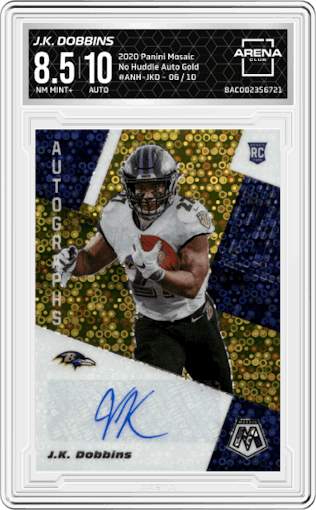 J.K. Dobbins from the 2020 Panini Mosaic set featuring a Gold parallel graded by Arena Club and given an overall grade of 8.5.