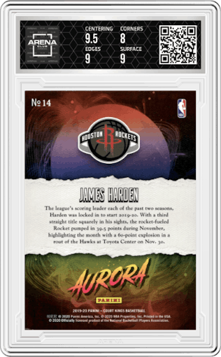 James Harden from the 2019-20 Panini Court Kings set graded by Arena Club and given an overall grade of 8.5.