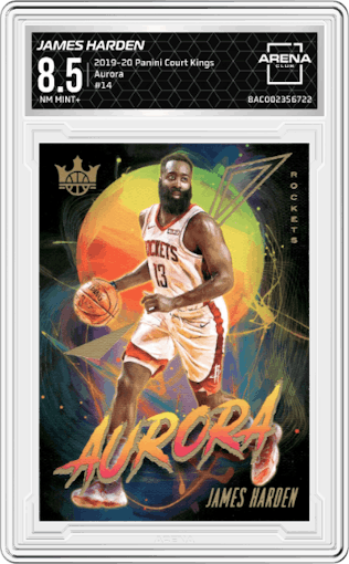 James Harden from the 2019-20 Panini Court Kings set graded by Arena Club and given an overall grade of 8.5.