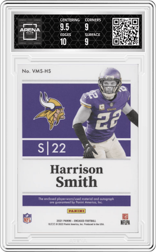 Harrison Smith from the 2022 Panini Encased set featuring a Sapphire parallel graded by Arena Club and given an overall grade of 9.5.